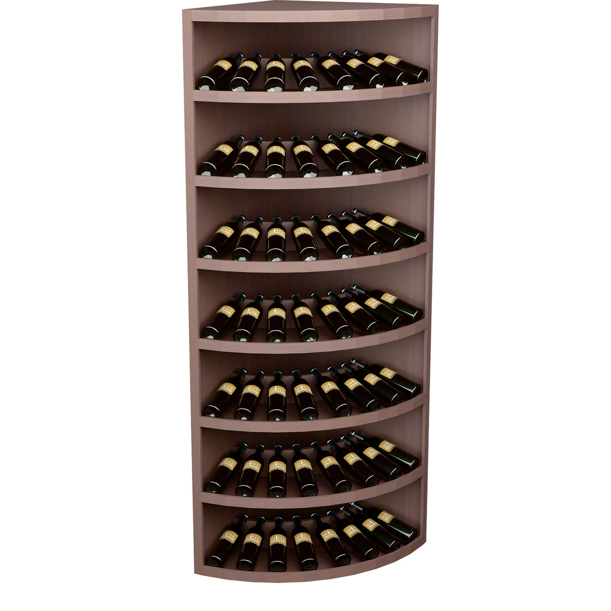 Taupe 7-tier wine bottle display cabinet with curved shelves and bottles inside.
