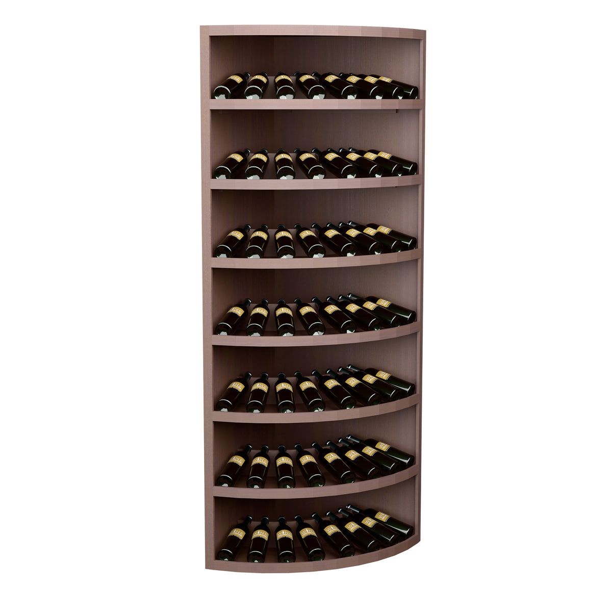 Medium brown wood 7-tier wine bottle display cabinet with curved shelves and bottles inside.