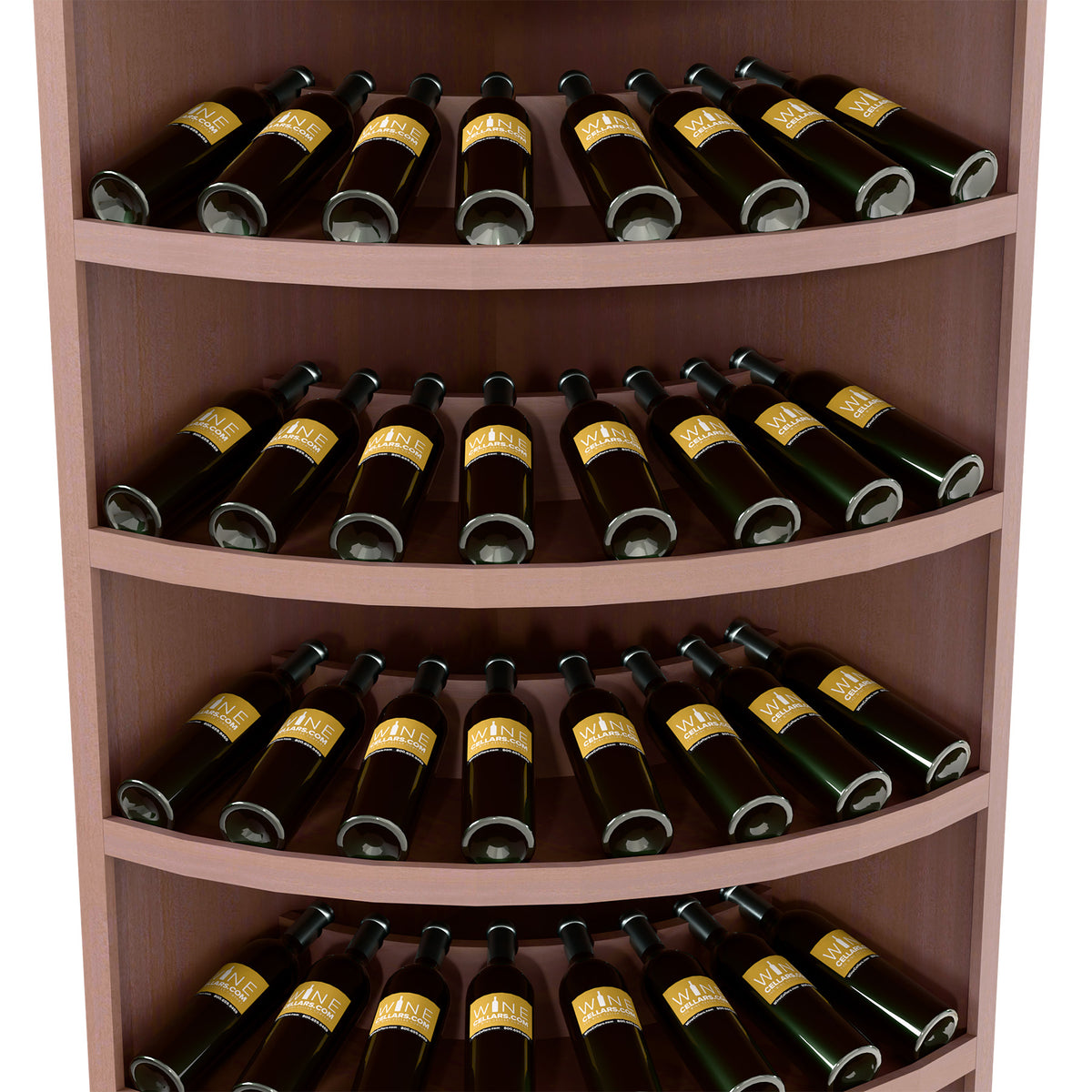 7-tier solid wood corner wine bottle display rack, 56 bottles, curved shelves, rich wood stain