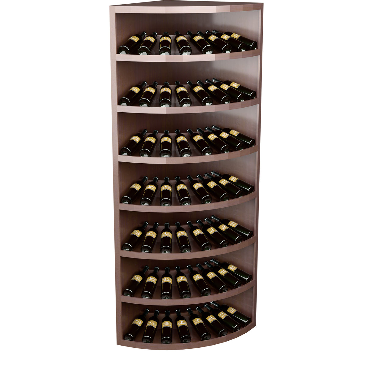 7-tier wine bottle display cabinet with curved shelves and dark wine bottles, brown finish