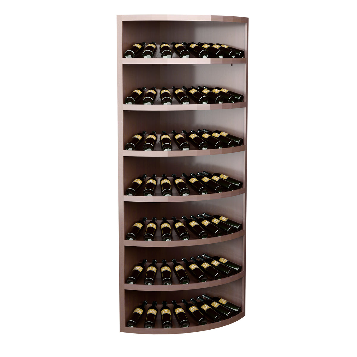 7-tier wine bottle display with curved shelves and dark wine bottles, light brown cabinet