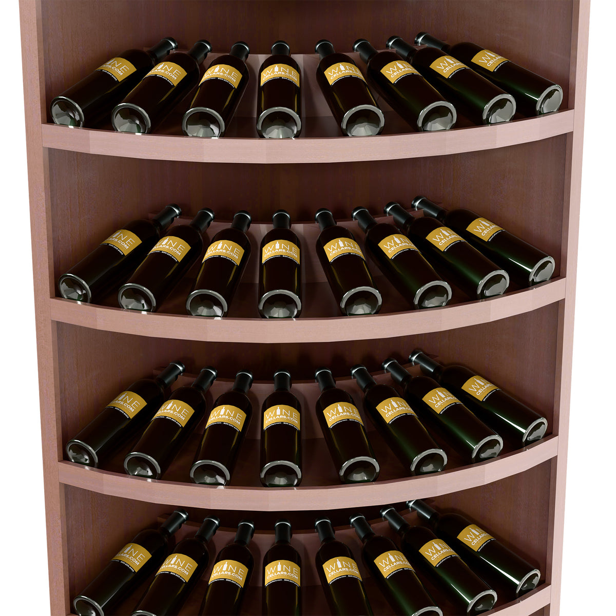 7-tier corner wine bottle display with curved shelves and dark wine bottles, medium wood finish