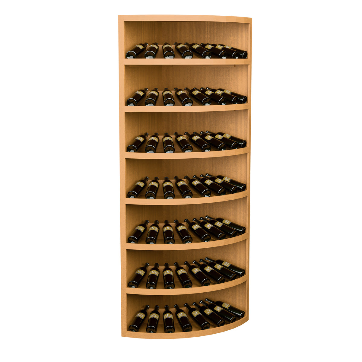Honey wood 7-tier wine bottle display cabinet with curved shelves and bottles inside.
