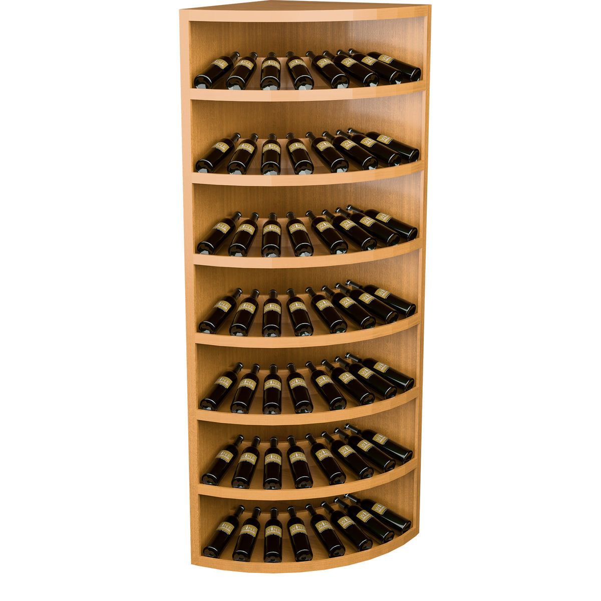 7-tier wine bottle display cabinet with curved shelves and dark wine bottles, light wood finish