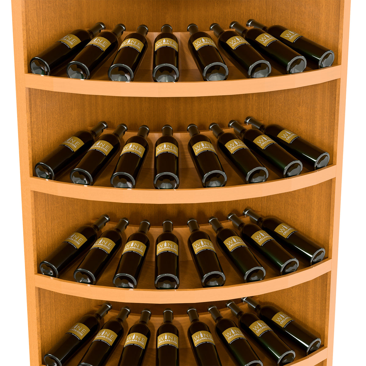 7-tier corner wine bottle display with curved shelves and dark wine bottles, warm wood finish