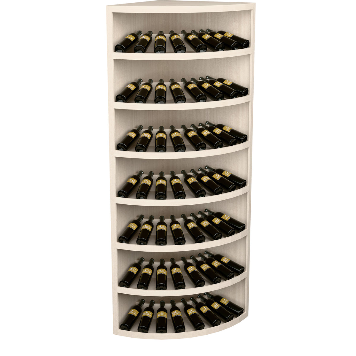 White corner-style wooden wine rack with 7 curved tiers holding bottles