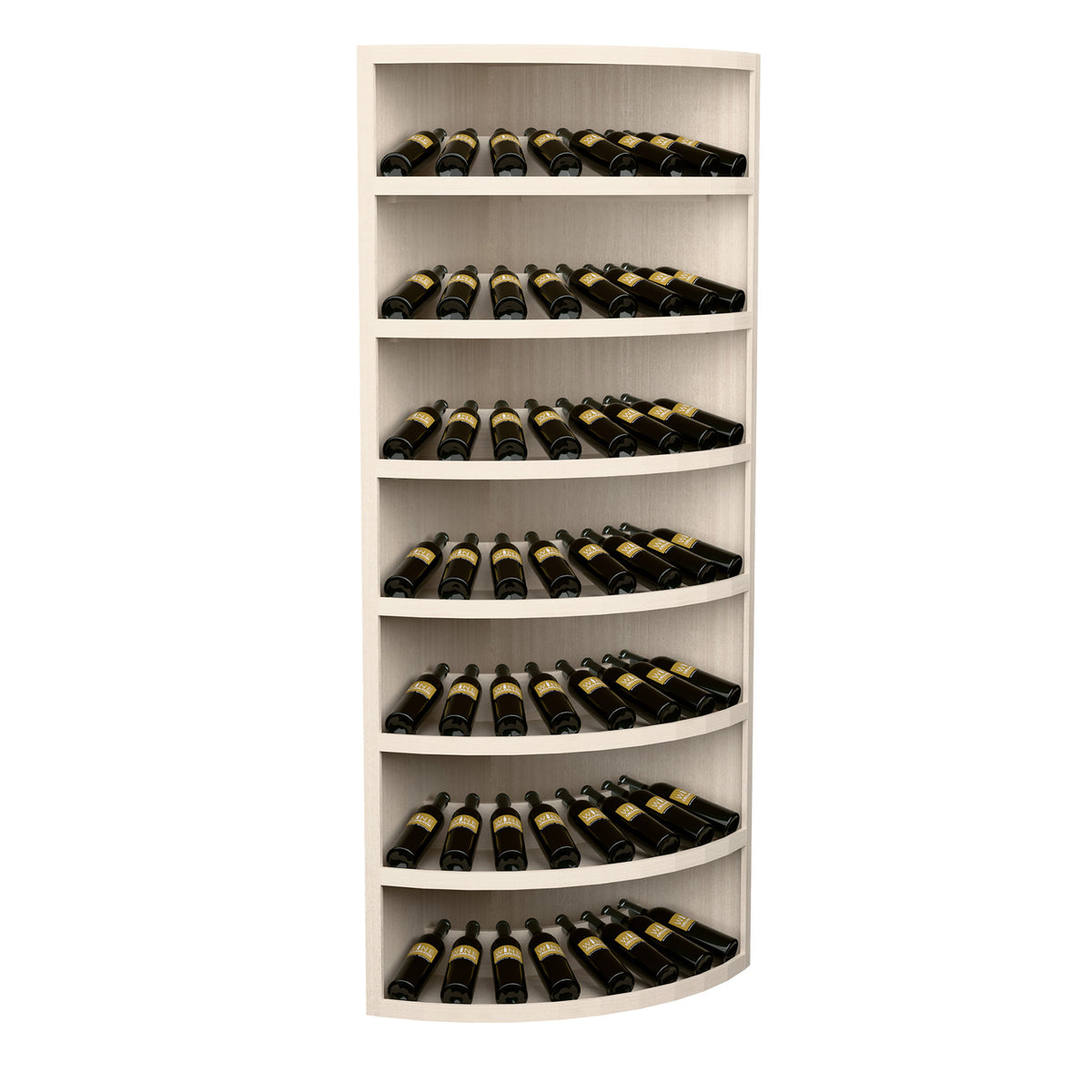 7-tier corner wine display rack with curved shelves, natural light wood, stores 56 bottles