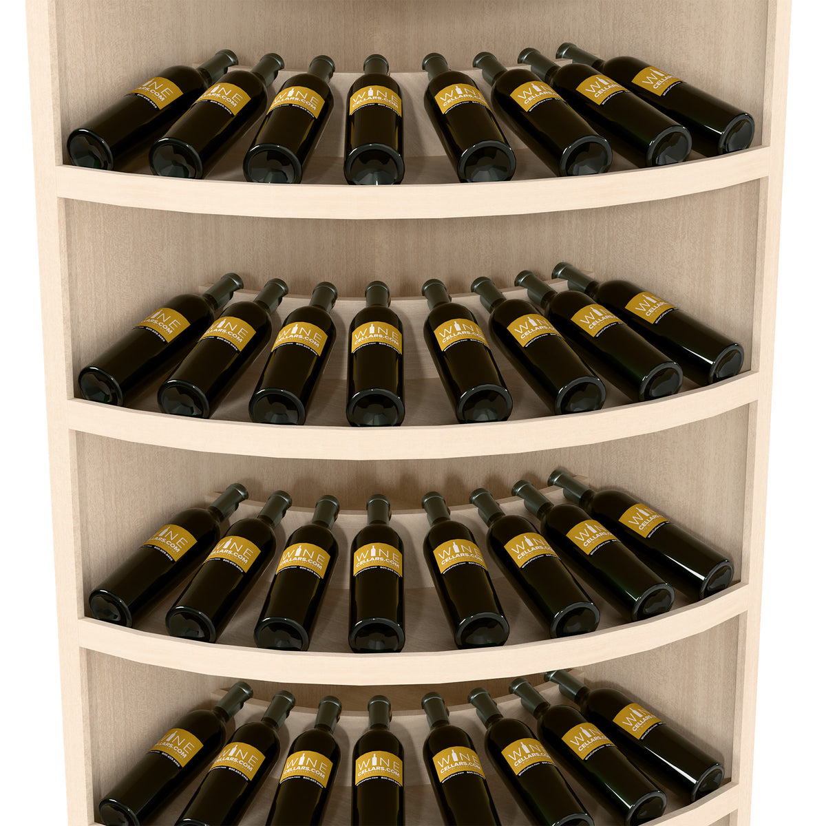 Light wood 7-tier corner wine rack with curved shelves holding bottles