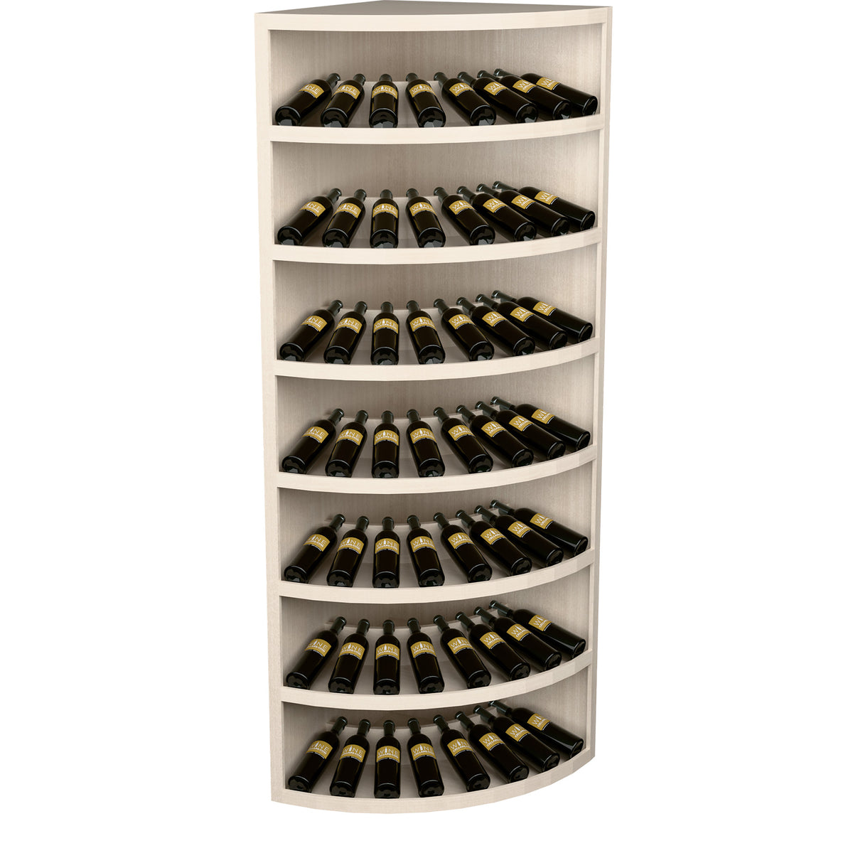 7-tier wine bottle display with curved shelves and dark wine bottles, white cabinet