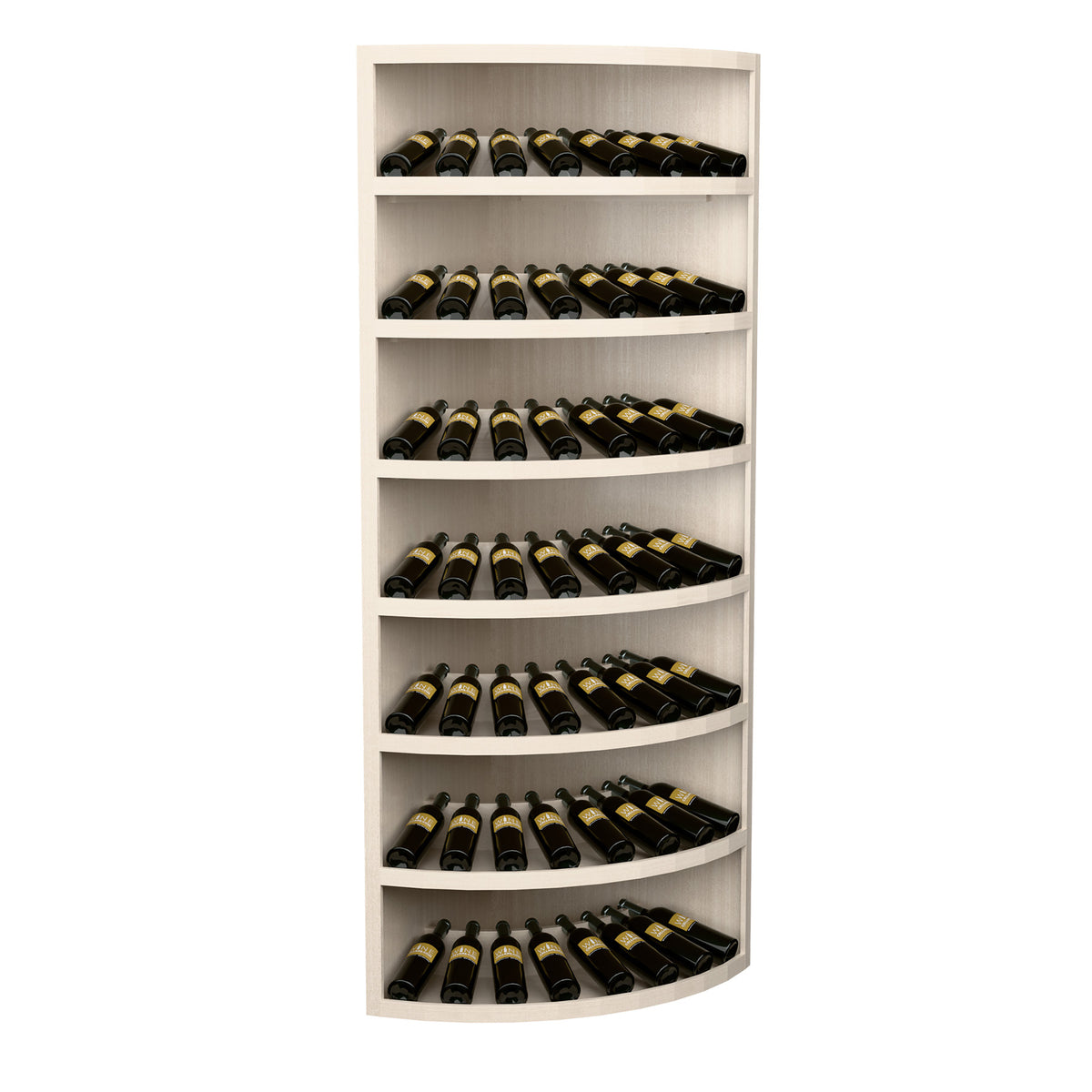 7-tier wine bottle display with curved shelves and dark wine bottles, light wood cabinet