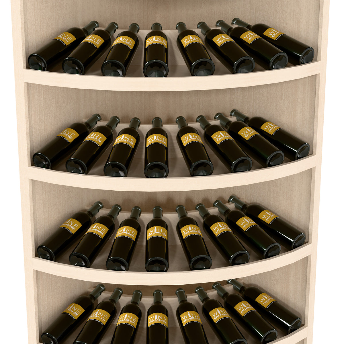 7-tier corner wine bottle display with curved shelves and dark wine bottles, pale wood finish