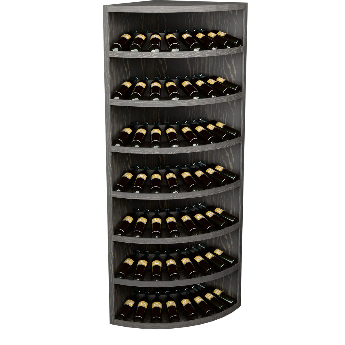 Gray wood corner wine bottle display with 7 curved tiers for multiple bottles.