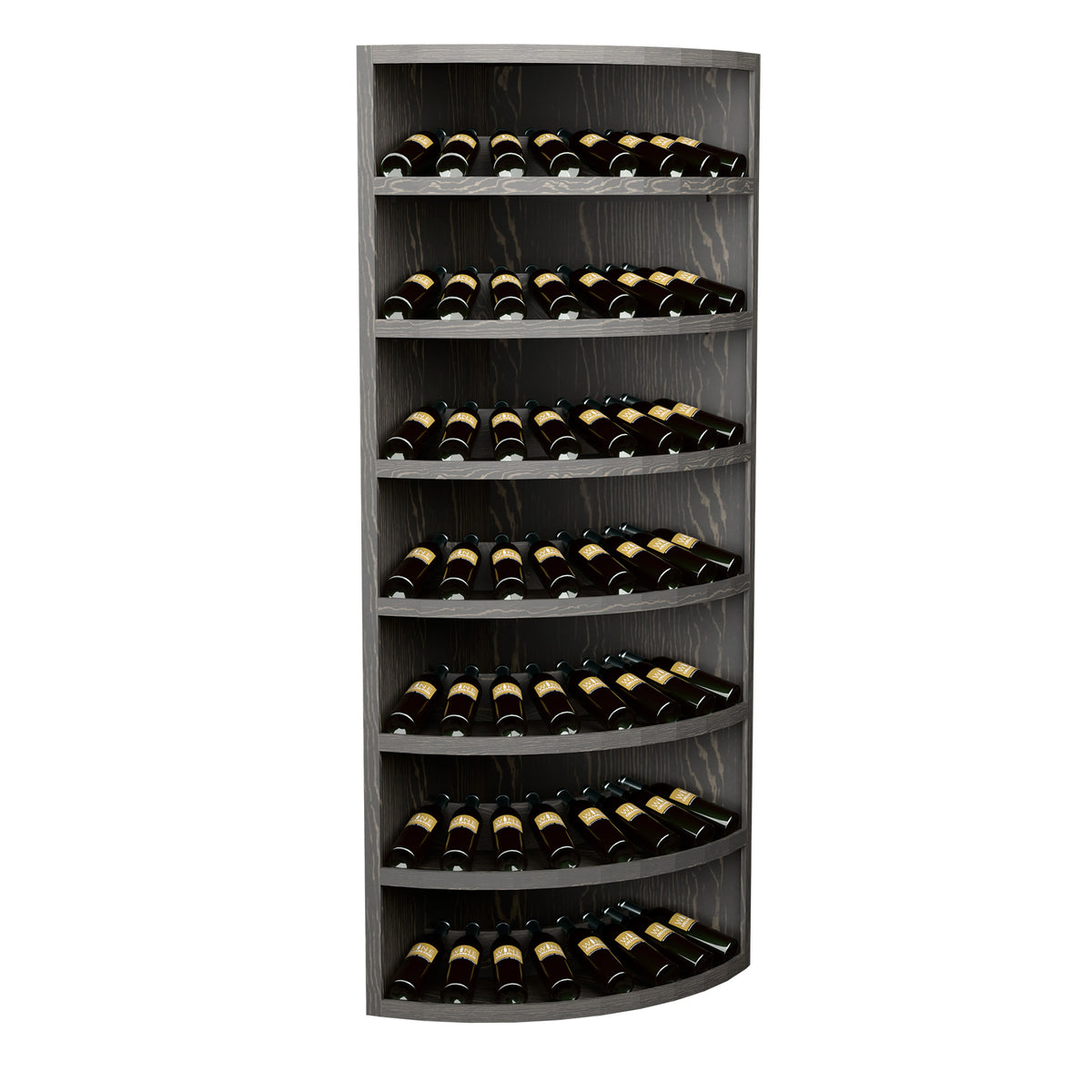 Dark wood 7-tier wine bottle display cabinet with curved shelves and bottles inside.