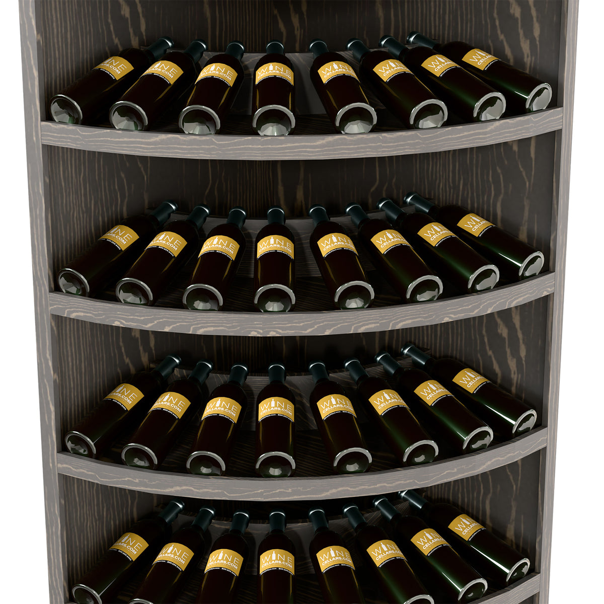7-tier corner wine bottle display with dark wood grain shelves