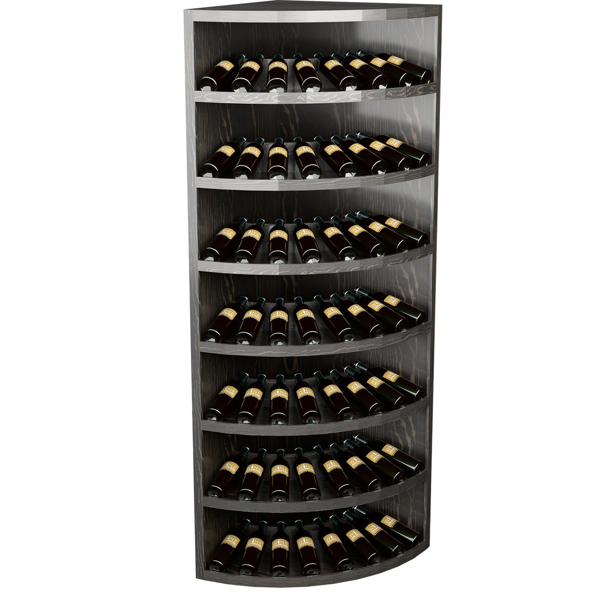 7-tier corner wine display rack with curved shelves, holding dark wine bottles