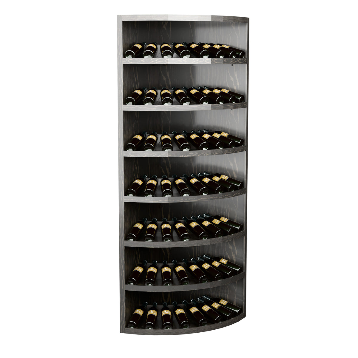 7-tier corner wine display rack with curved shelves, holding dark wine bottles