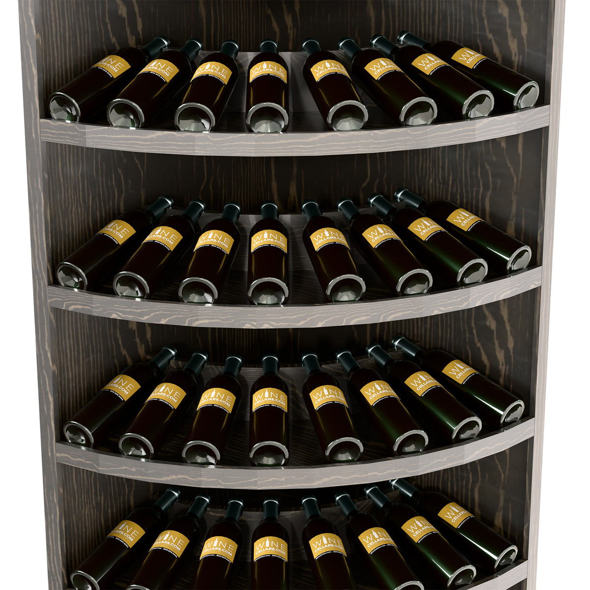 Curved-shelf wine display cabinet with multiple rows of wine bottles