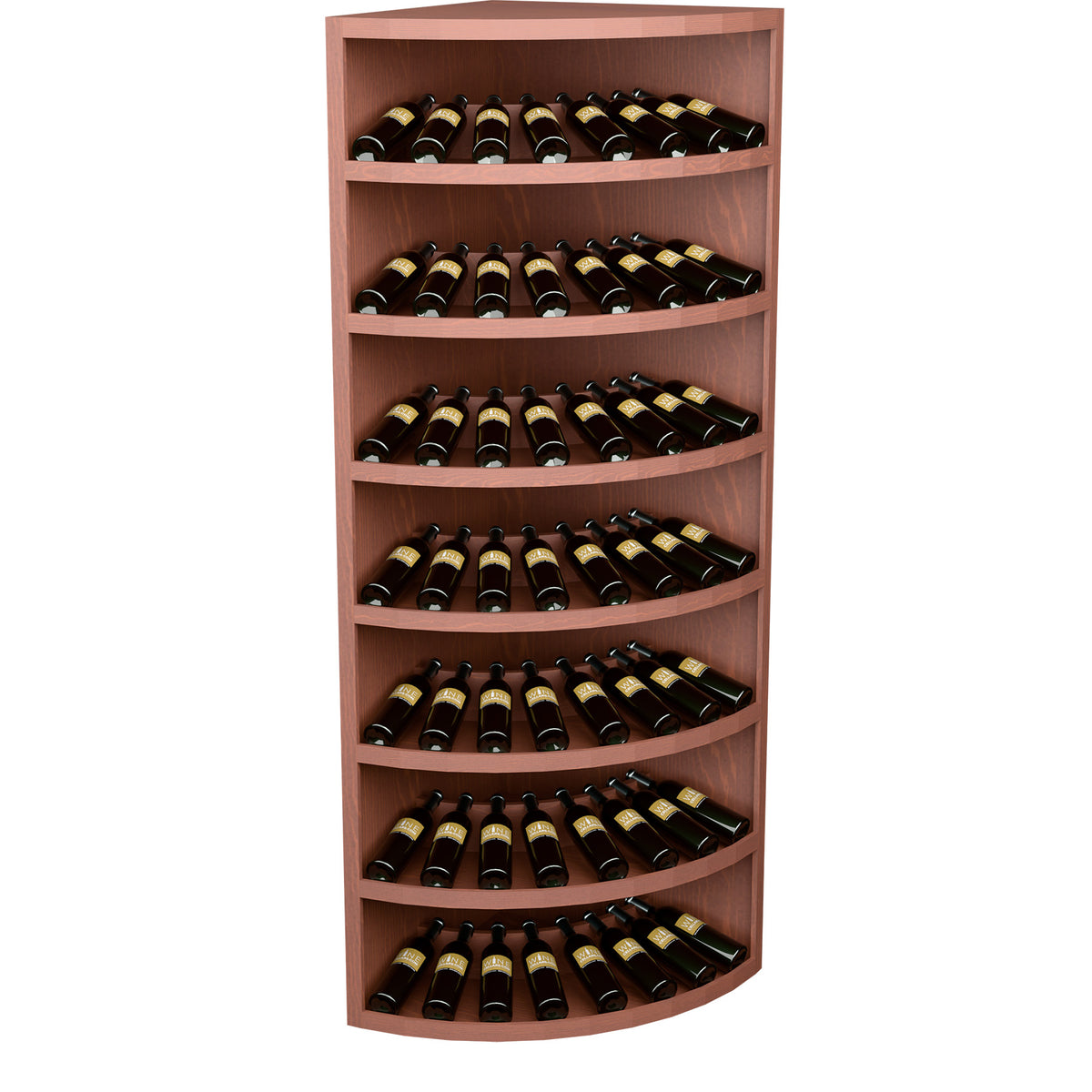 Red-toned wood wine bottle display cabinet with 7 curved shelves for bottles.