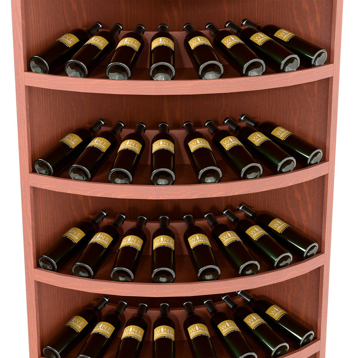 7-tier solid wood corner wine bottle display rack, 56 bottles, curved shelves, reddish-brown