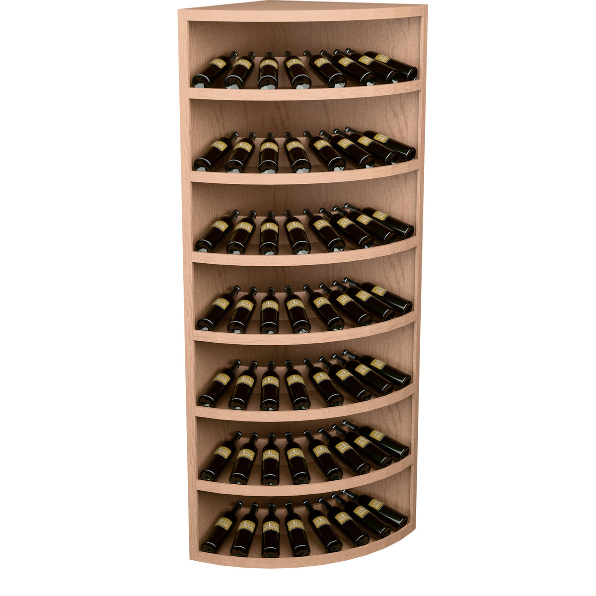 Solid wood wine bottle display cabinet with 7 curved tiers and bottle storage.