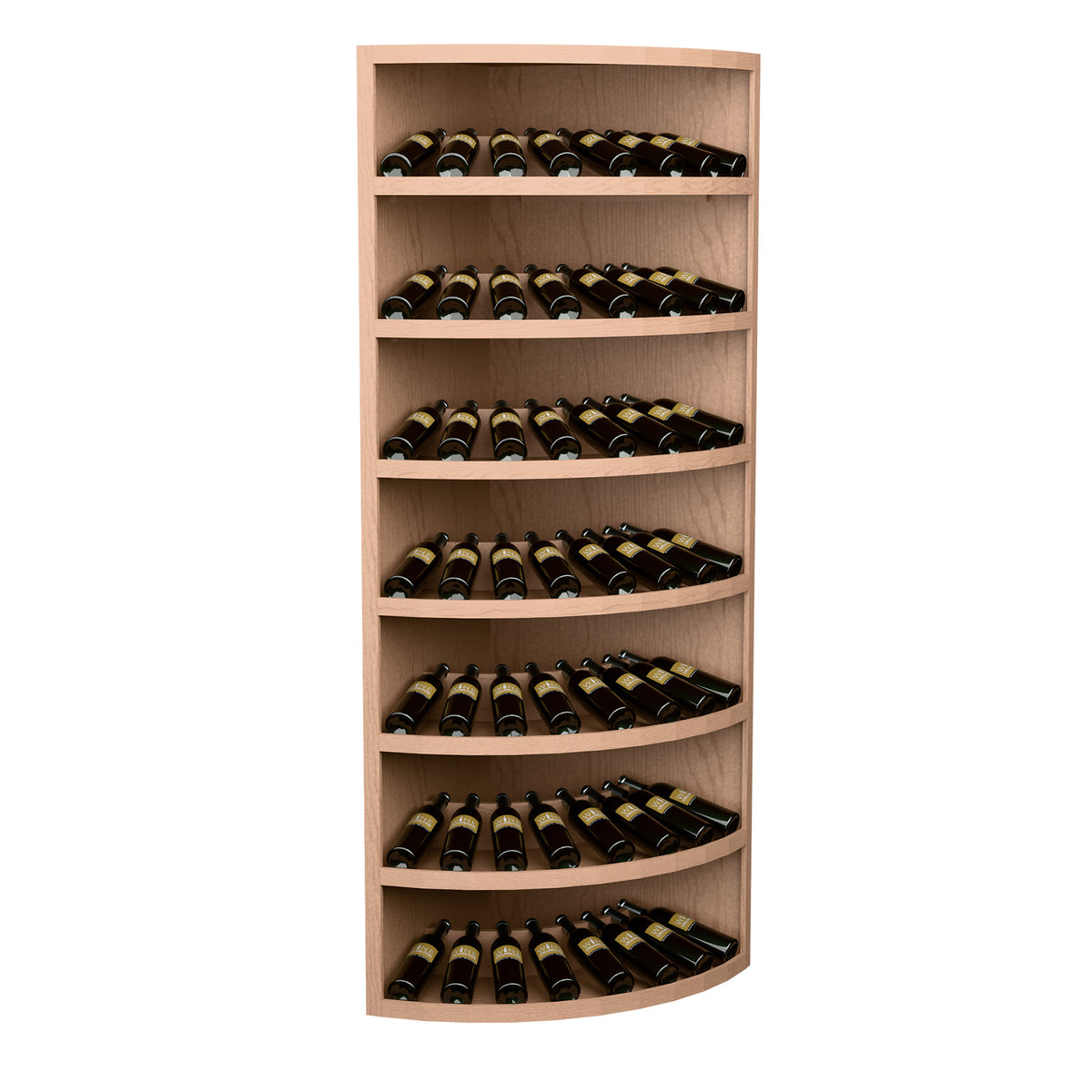 Natural wood 7-tier wine bottle display cabinet with curved shelves and bottles inside.