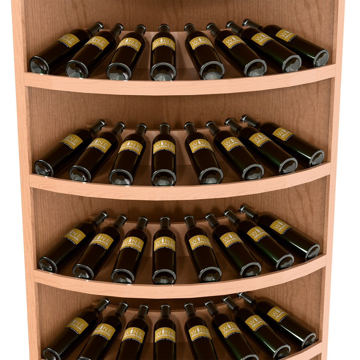 Light wood wine display cabinet with curved shelves and multiple rows of wine bottles