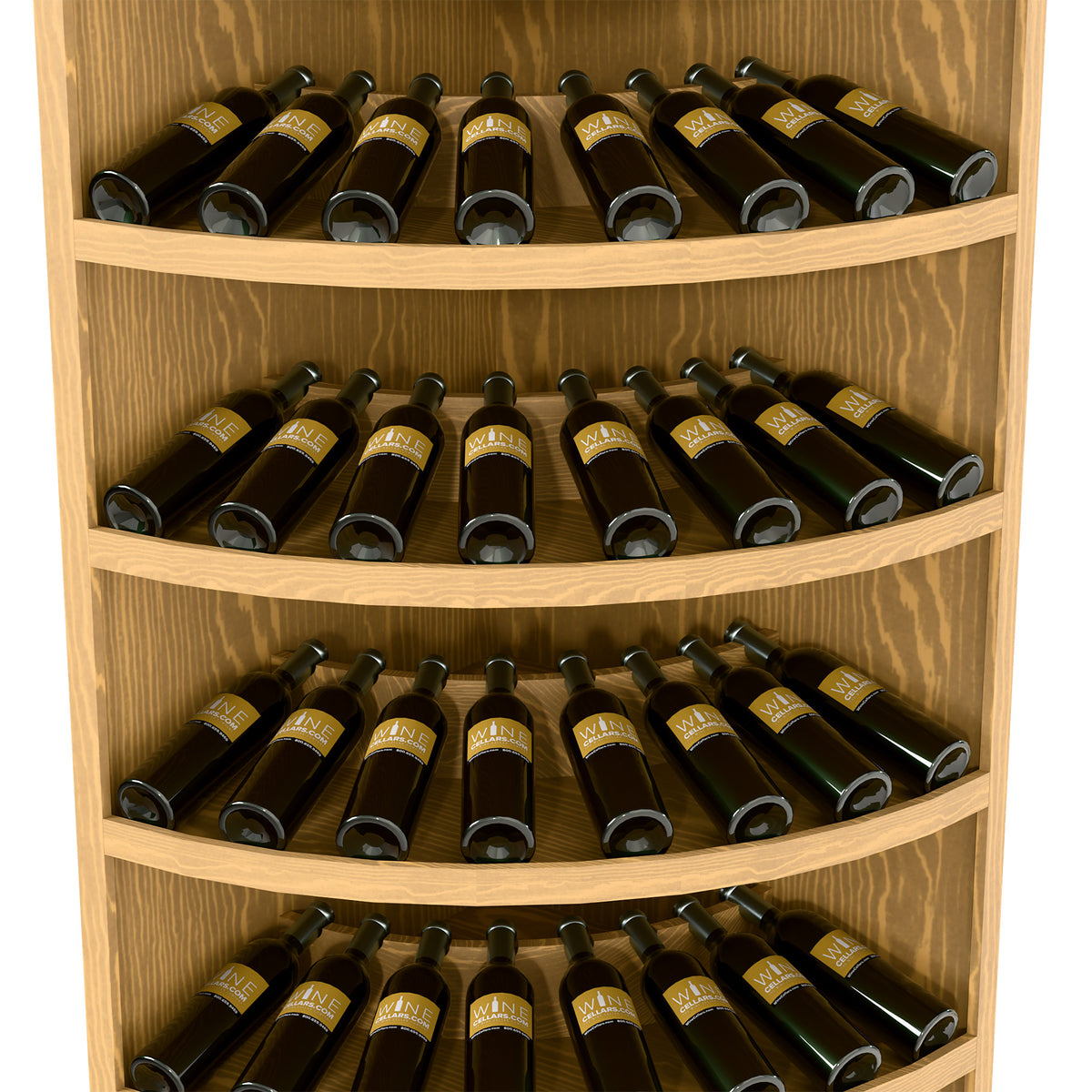 Corner wine display cabinet with 4 curved tiers holding 56 dark bottles