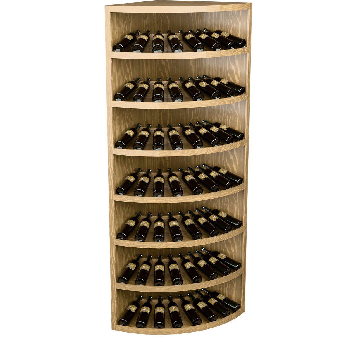 7-tier corner wine display rack in light wood with curved shelves and wine bottles