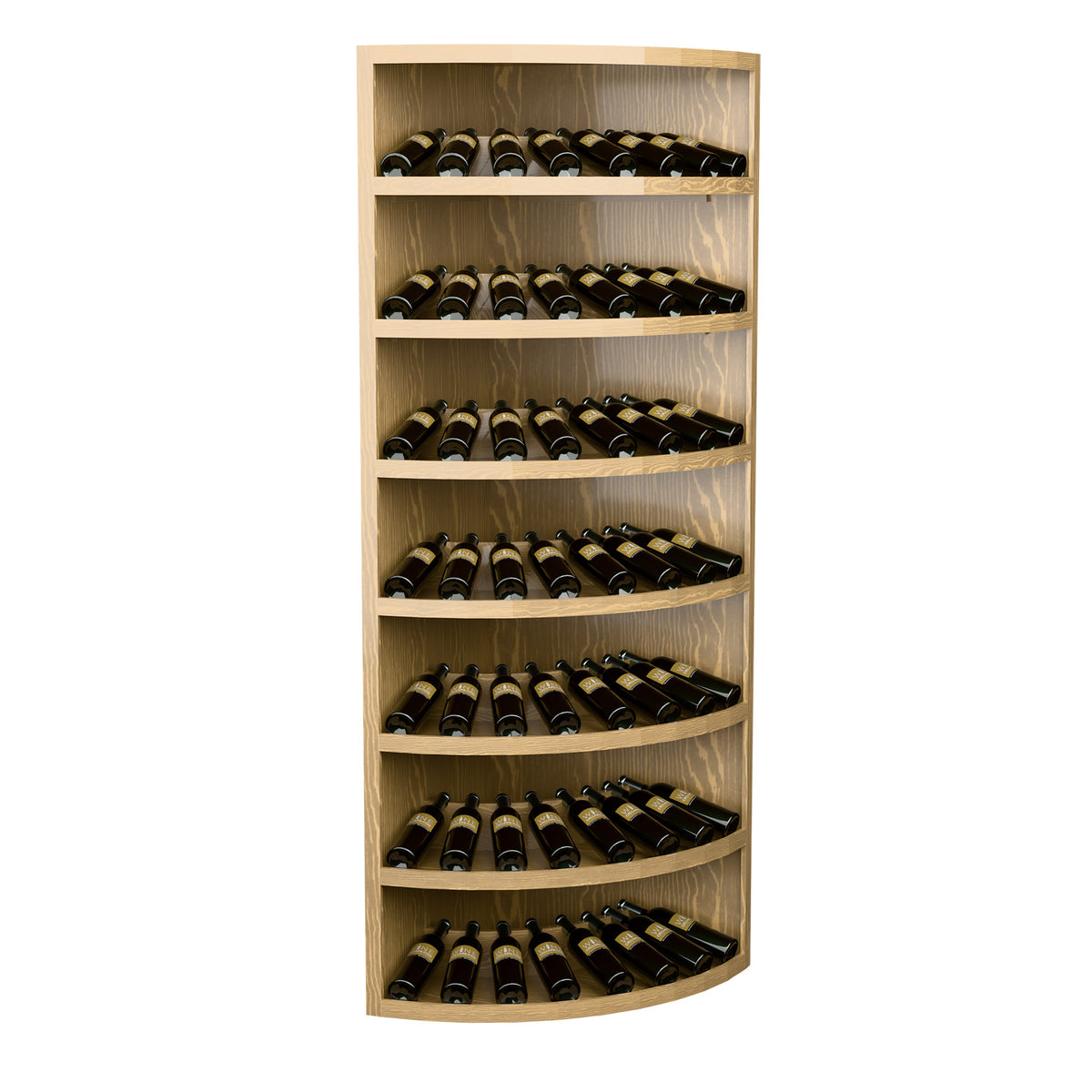 Seven-tier corner wine bottle display in light wood with curved bottle shelves