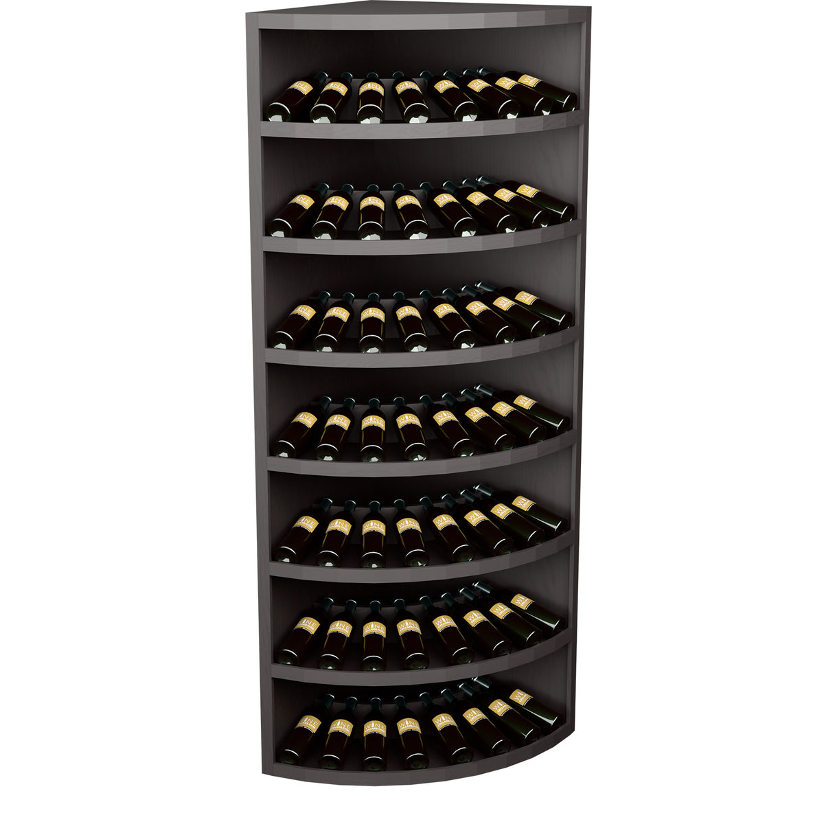 Dark gray 7-tier corner wine bottle display cabinet with curved bottom shelf.