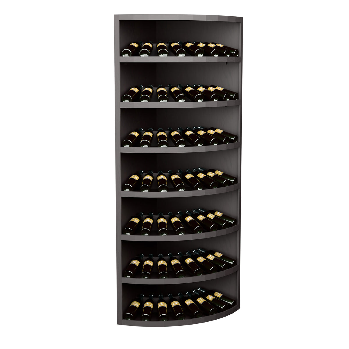 7-tier corner wine display rack, curved shelves for bottles, dark wood finish