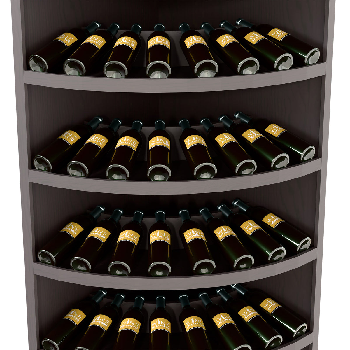 7-tier corner wine bottle display with dark wood and curved bottle tiers