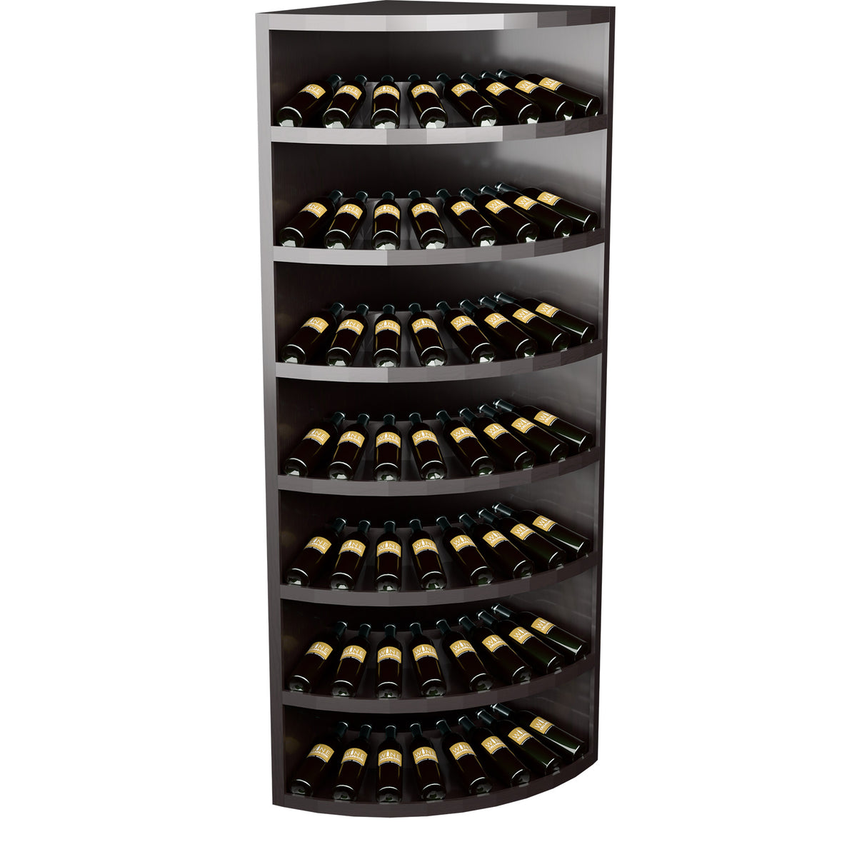 Seven-tier corner wine bottle display in dark finish with curved bottle shelves