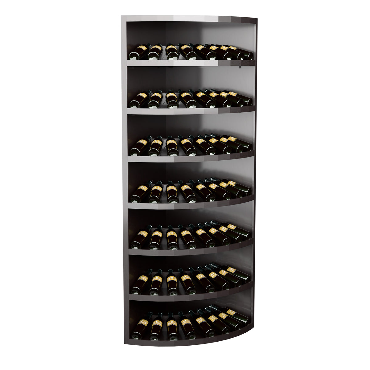 Seven-tier wine bottle display with dark frame and curved shelves holding bottles