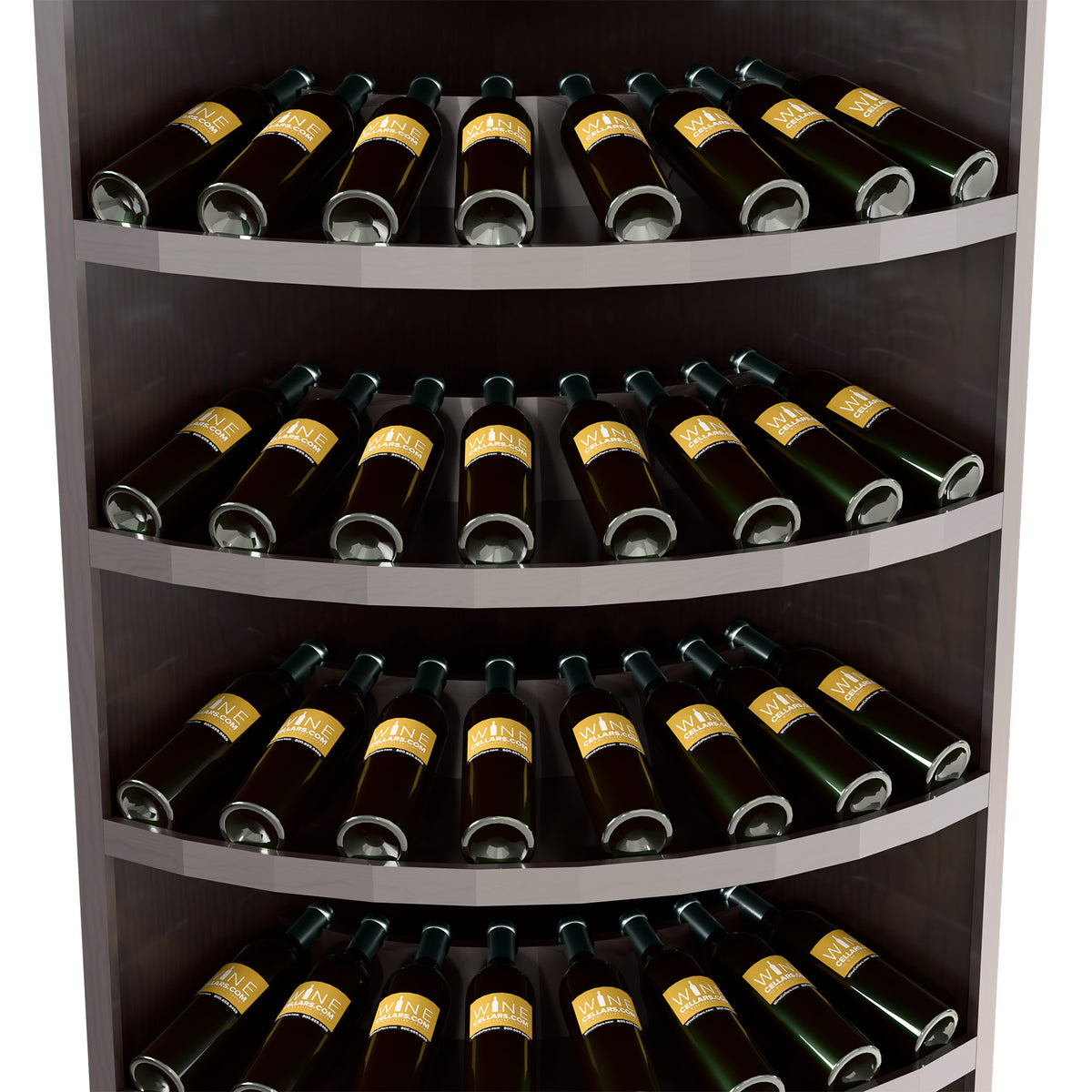 Curved-shelf wine bottle display with dark finish and bottles arranged in tiers