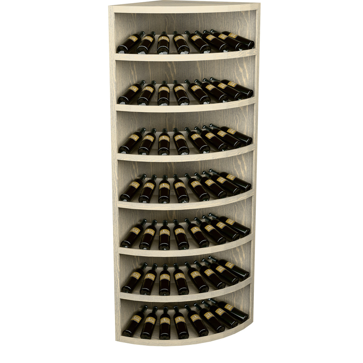 Wine bottle display rack with solid wood frame, 7 arched tiers, light gray finish