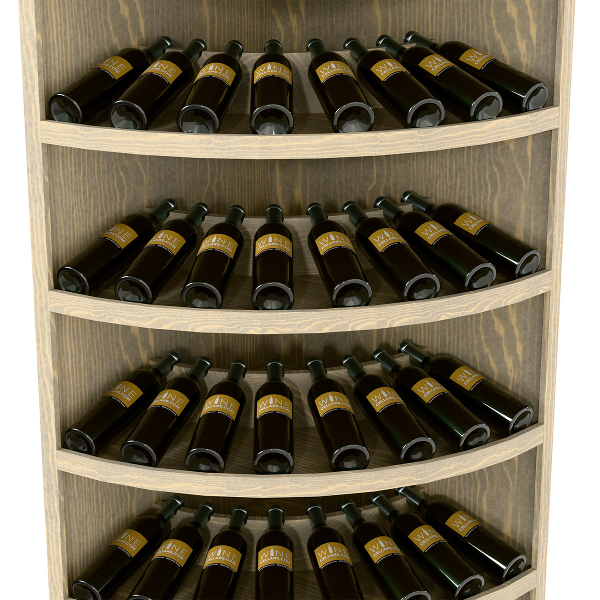 Tiered wine bottle display cabinet with curved shelves, dark bottles, natural wood grain.