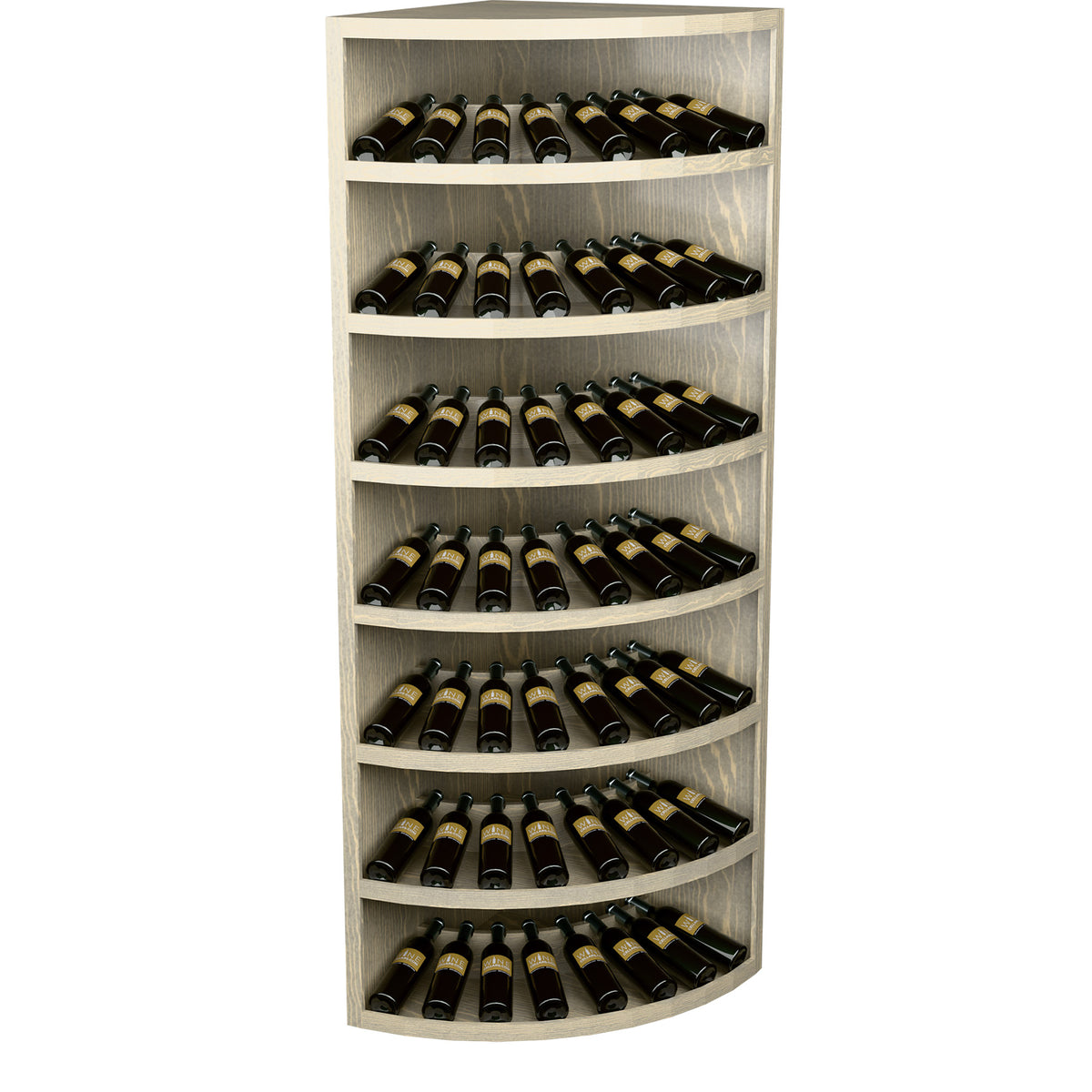 Seven-tier corner wine bottle display in light wood with multiple curved shelves