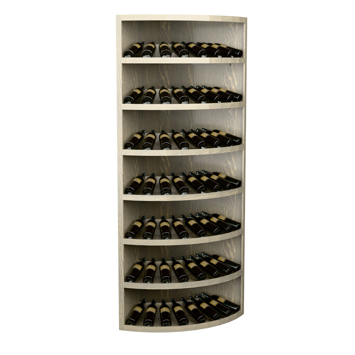 Seven-tier corner wine bottle display in light wood with bottle storage shelves