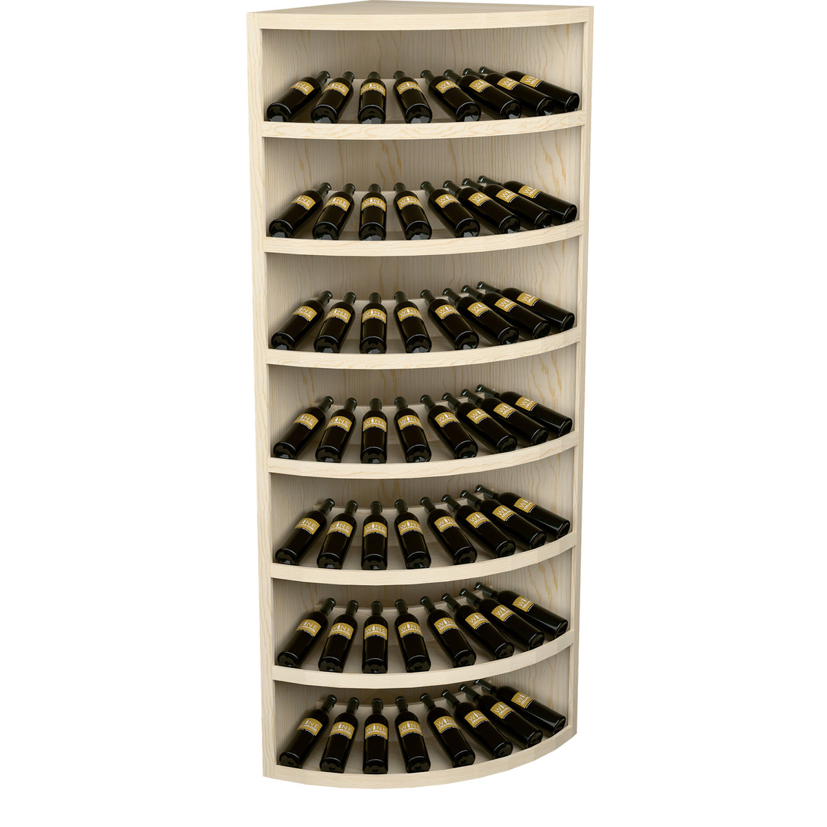 Solid wood wine bottle display rack with 7 tiers and arched bottle slots, light finish