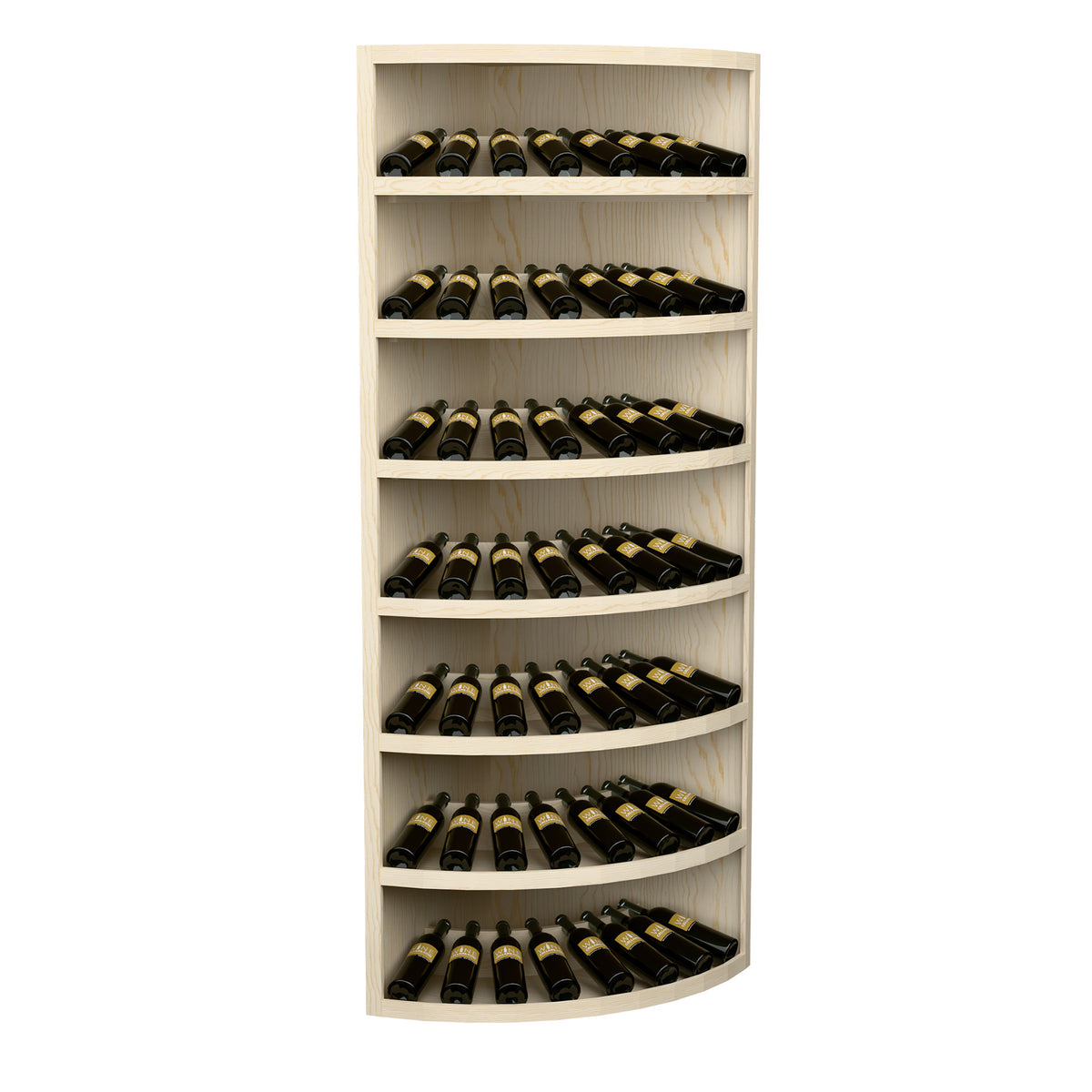 Corner wine bottle display cabinet with 7 curved tiers, holding dozens of bottles.