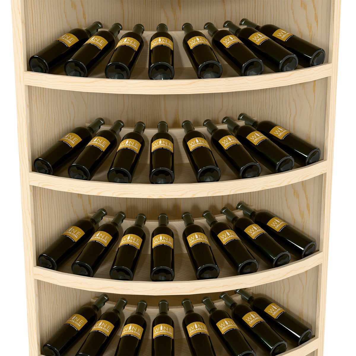 Light wood 7-tier wine display rack with curved shelves holding bottles