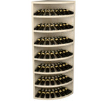 Seven-tier corner wine bottle display in light wood, curved shelves for bottles