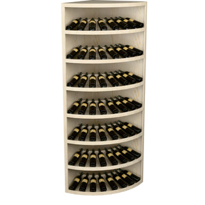 Seven-tier corner wine bottle display in light wood, curved shelves for bottles