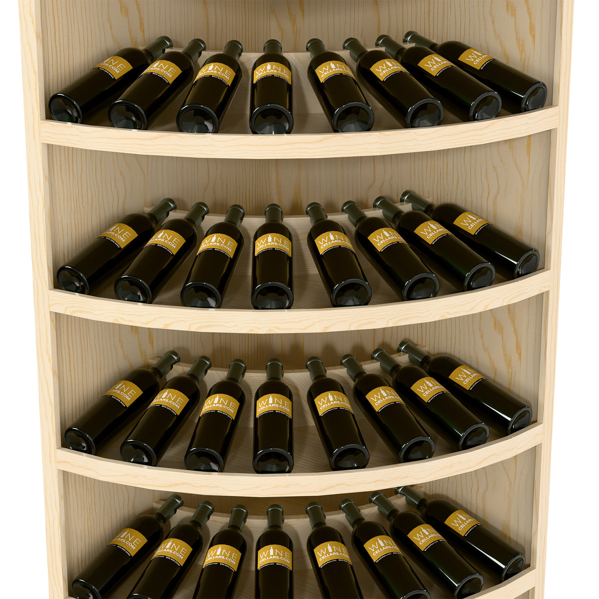 Corner wine bottle display with 4 curved shelves and dark bottles