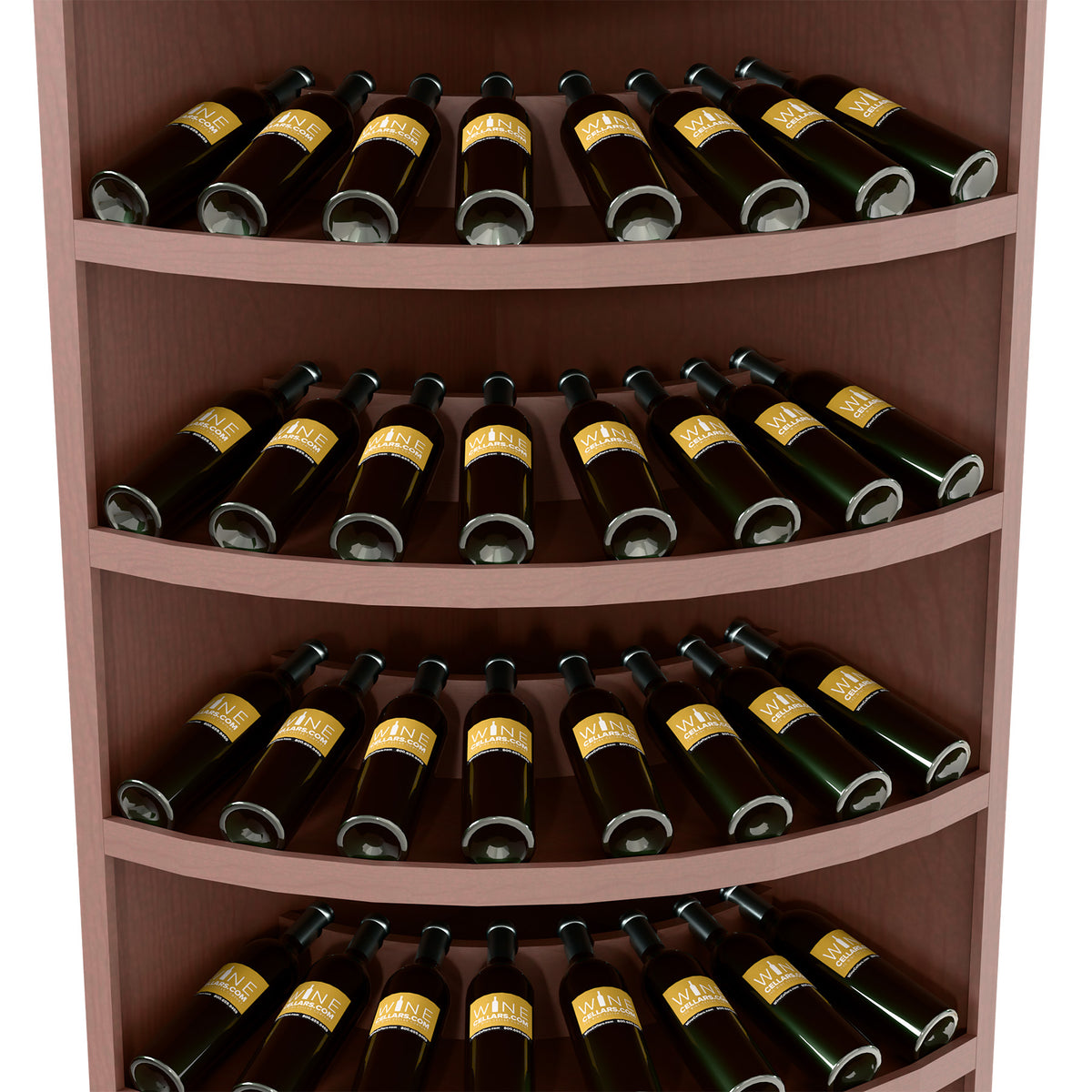 7-tier corner wine bottle display with warm wood curved bottle racks