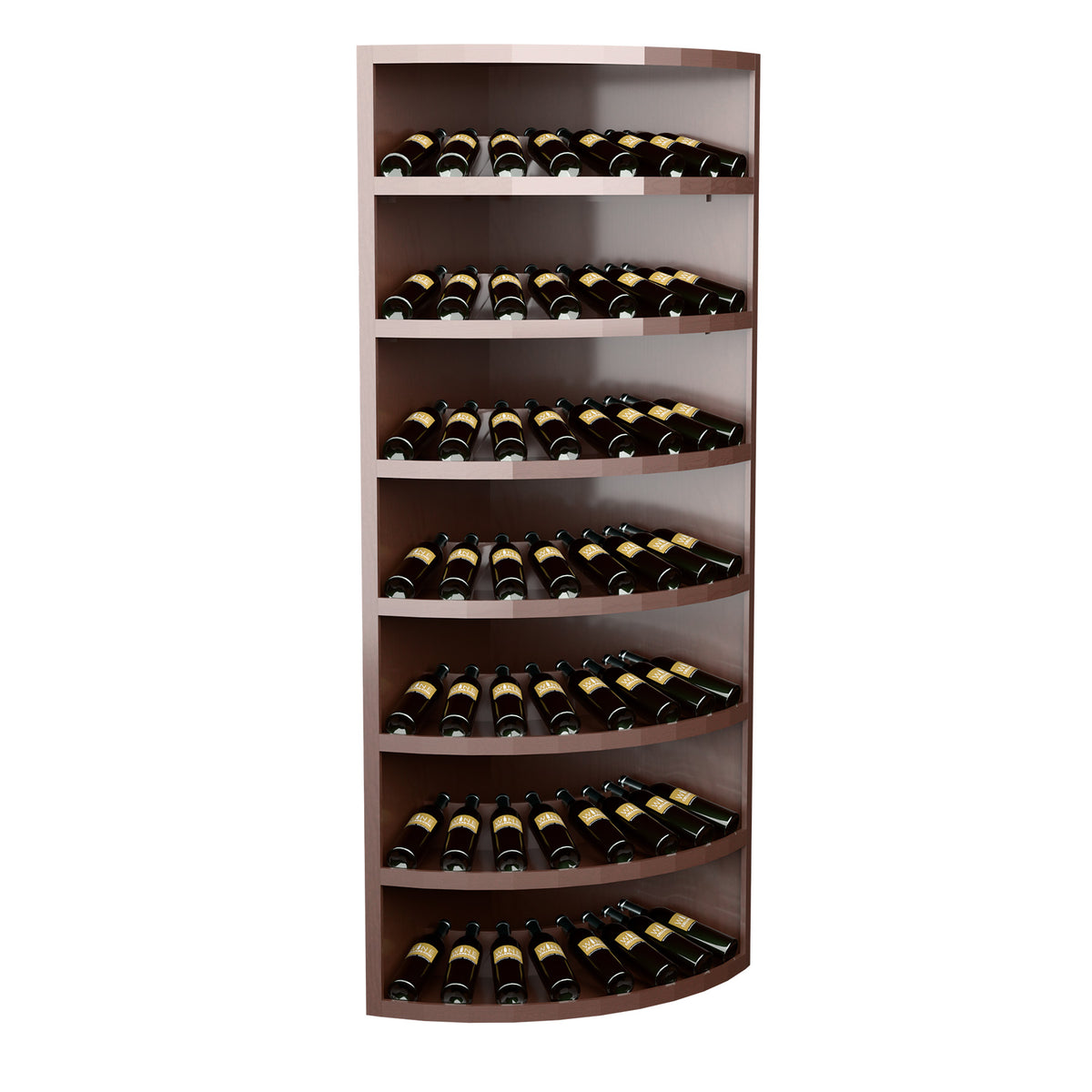 Freestanding wine bottle display with curved tiers and dark bottles