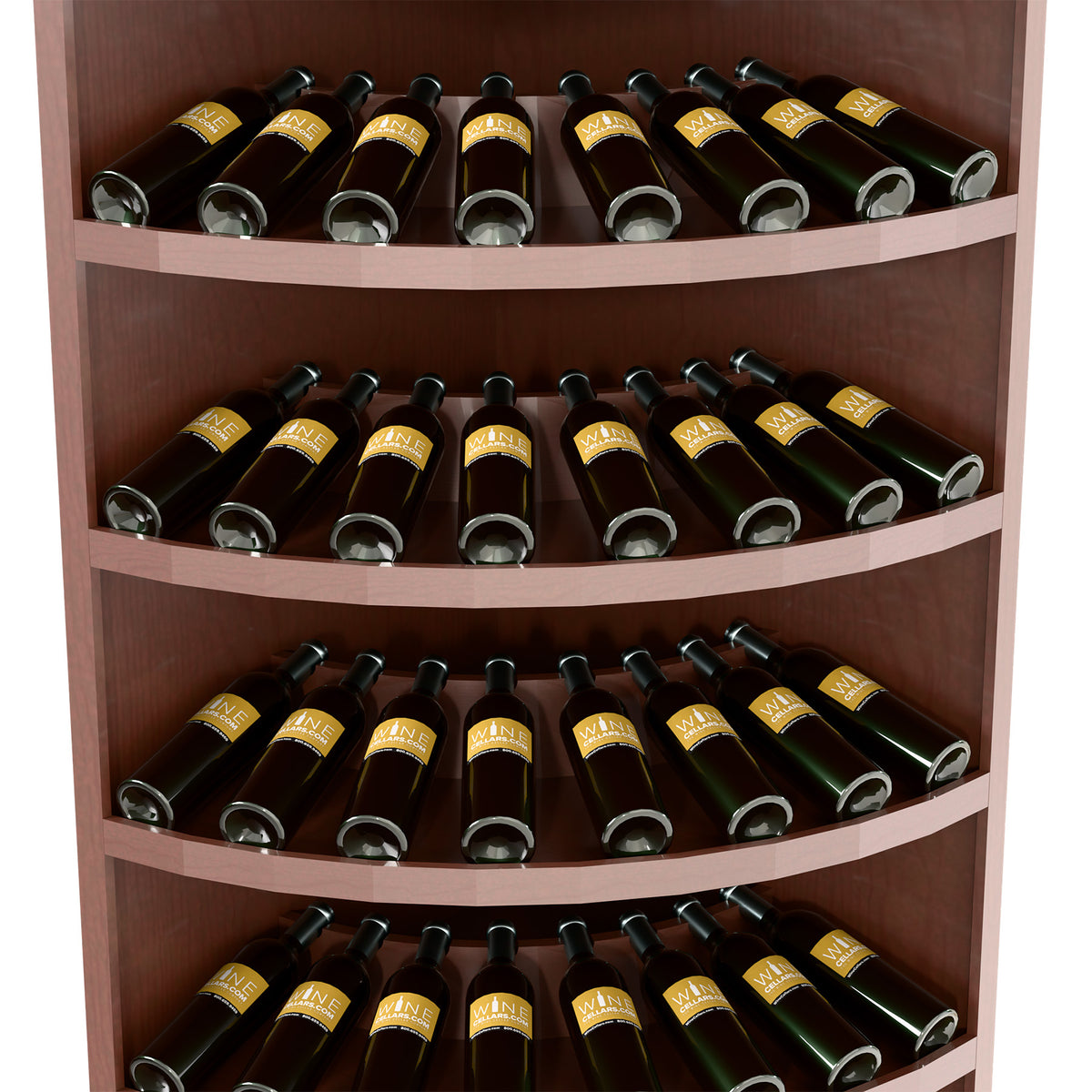 Wood wine bottle display with 4 curved shelves and dark bottles