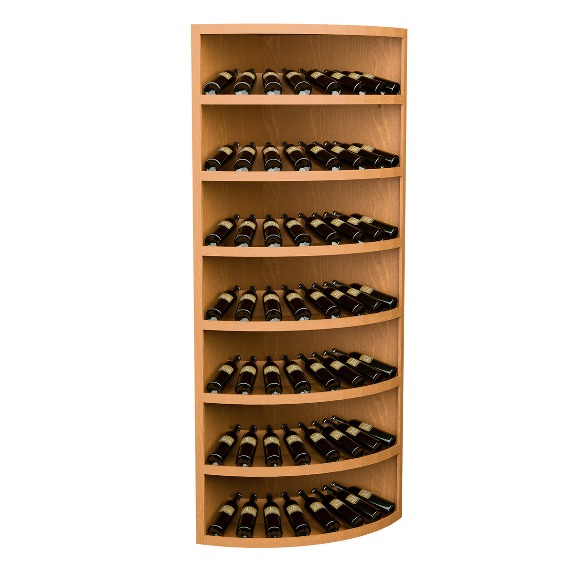 Wood wine bottle display cabinet with 7 curved tiers, storing bottles in rows.