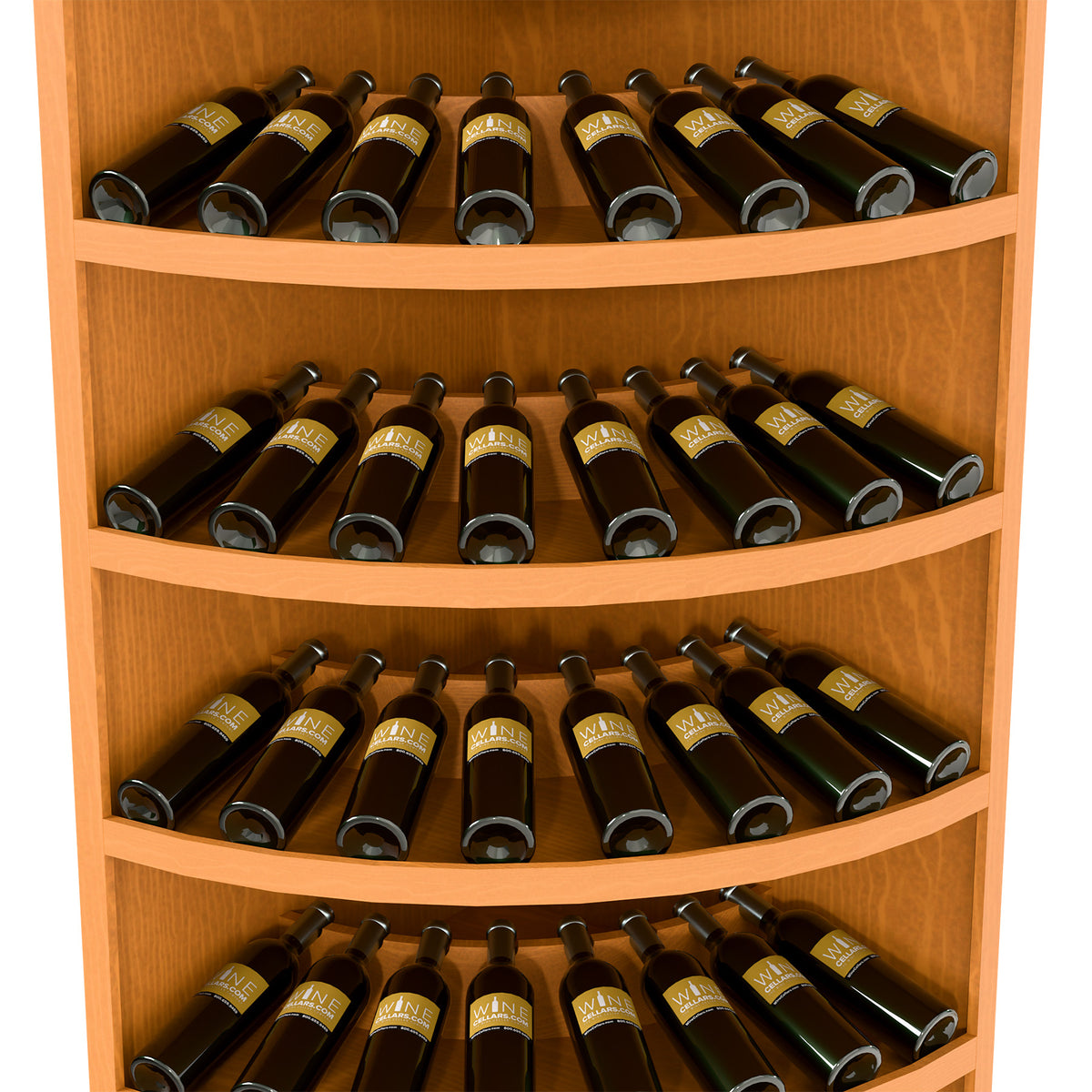 Warm wood 7-tier corner wine rack with curved shelves and bottles